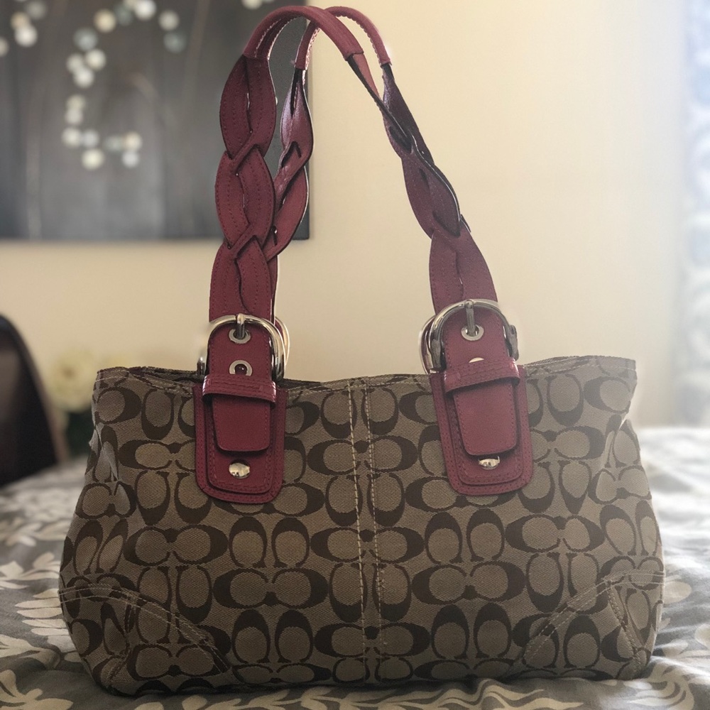 Brown Coach with Signature C’s & Fuchsia accents